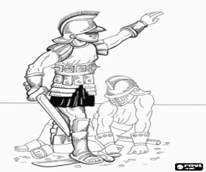 Coloriage Lutte entre deux gladiateurs dans l'amphith��tre, le gagnant a demand� au public s'il ya lieu de tuer les vaincus