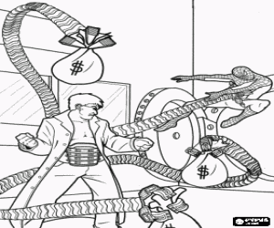 Coloriage Lutte entre Spiderman et les bras articul�s du Docteur Octopus pour tenterer d'�viter le vol de le coffre-fort de la banque
