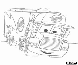 Coloriage Mack, le camion qui tire le remorque de Flash McQueen aux courses