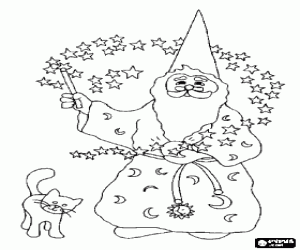 Coloriage Magicien ou enchanteur avec son chat et la baguette dans l'action
