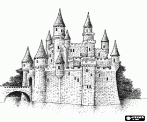 Coloriage Magnifique ch�teau entour� d'eau avec ses pont, tours et tourelles