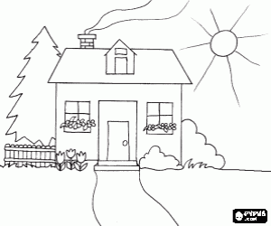 Coloriage Maison au printemps avec des fleurs aux fen�tres