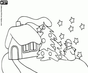 Coloriage Maison avec le chemin�e qui fume avec un arbre de No�l et un bonhomme de neige sous les �toiles