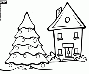 Coloriage Maison avec un grand arbre de No�l d�cor� dans le jardin
