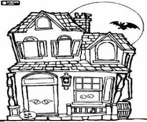 Coloriage Maison hant�e � l'Halloween - Pleine lune, chauve-souris et de citrouille face