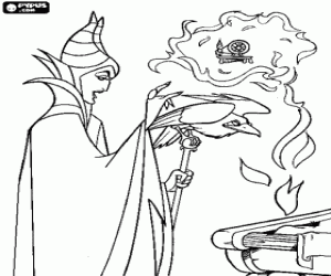 Coloriage Mal�fique, la f�e mauvaise � le pr�paration de son corbeau Diablo pour chercher des Aurora et de proc�der � sa mal�diction
