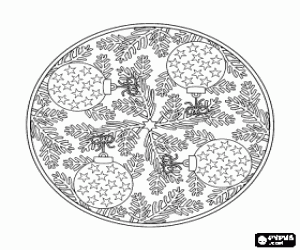 Coloriage Mandala de d�corations de No�l � partir de feuilles de sapin et des boules avec des �toiles