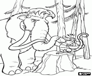 Coloriage Manfred, Manny, le mammouth r�pond Scrat l'�cureuil dans les bois