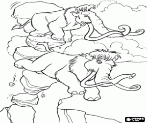 Coloriage Manny et Ellie, le mammouth apeur�s fuyant l'effondrement de la montagne