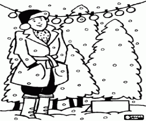 Coloriage March� de rue d'arbres de No�l avec le vendeur si il neige