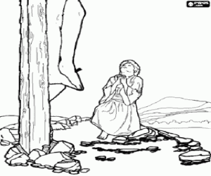 Coloriage Marie-Madeleine agenouill� en pri�re devant le Christ crucifi�