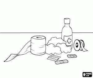 Coloriage Mat�riel pour les premiers soins des blessures mineures, bandages, pansements, bandes, coton et d�sinfectant