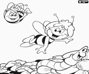 Coloriage Maya l'abeille et son ami Willy survolant les fleurs