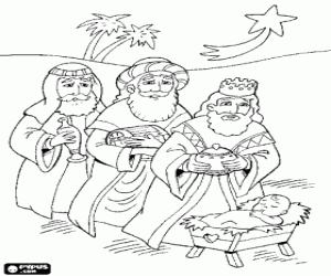 Coloriage Melchior, Gaspard et Balthazar offrir leurs cadeaux avant l'Enfant-J�sus � la lumi�re de l'�toile de No�l
