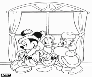 Coloriage Mickey, Donald Duck et Daisy avec des v�tements du P�re No�l