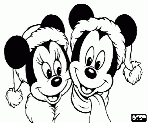 Coloriage Mickey et Minnie Mouse abris avec chapeaux de Santa Claus 