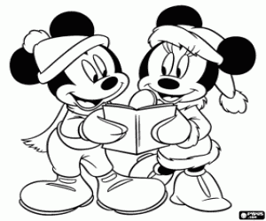 Coloriage Mickey et Minnie Mouse avec des chapeaux du P�re No�l et chantent des chants de No�l
