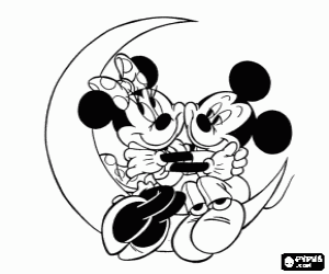 Coloriage Mickey et Minnie Mouse dans l'amour et des caresses sur la lune