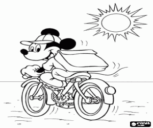 Coloriage Mickey Mouse � bicyclette avec sa casquette sous un soleil ardent