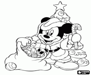 Coloriage Mickey Mouse d�guis� en P�re No�l avec un sac plein de cadeaux � c�t� de l'arbre de No�l