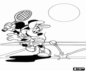 Coloriage Minnie Mouse jouant au tennis, en frappant la balle avec la raquette