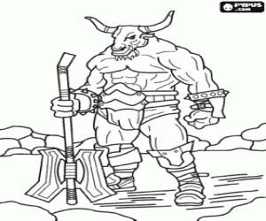 Coloriage Minotaure - Monstre g�ant � corps humain et la t�te de taureau comme un guerrier arm�