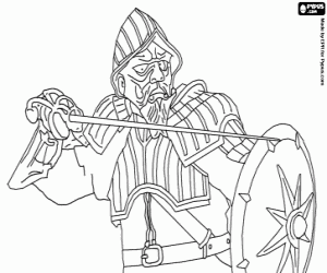 Coloriage Miraz, le faux roi de Narnia, et l'oncle de Caspian, dans un combat avec l'�p�e et le bouclier