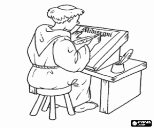 Coloriage Moine copiste de travail � la plume et encre sur le parchemin ou le papier dans le scriptorium