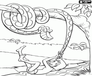 Coloriage Mowgli en tirant sur la queue du serpent Kaa