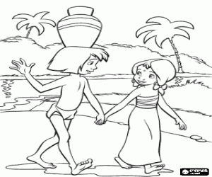 Coloriage Mowgli marche pr�s de la rivi�re avec Shanti, son ami du village
