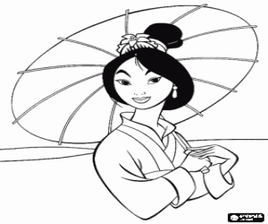 Coloriage Mulan en marchant tr�s �l�gant avec un parasol