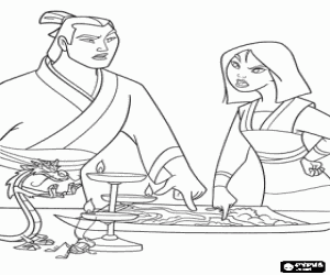 Coloriage Mulan en pr�paratant du plan de sauvetage de l'empereur, avec l'aide de shang et ses amis