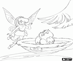 Coloriage Noa, la f�e des animaux en regardant un petit oiseau dans son nid