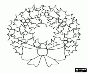 Coloriage No�l couronne de feuilles de houx avec un grand n�ud decoratif
