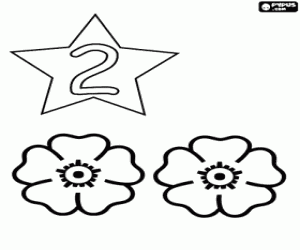 Coloriage Nombre 2 dans une �toile avec deux fleurs