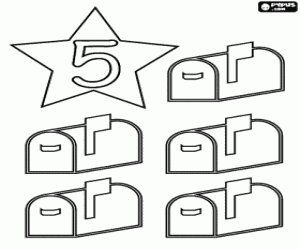 Coloriage Nombre 5 dans une �toile � cinq bo�tes aux lettres