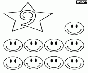 Coloriage Nombre 9 en �toile avec neuf smiles ou sourires