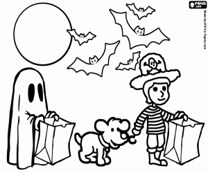 Coloriage Nuit de pleine lune et de chauves-souris, un pirate, un fant�me et un chien pour faire l'affaire et trait�s avec des citrouilles