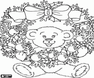 Coloriage Ours en peluche avec une grande couronne de No�l d�cor� avec un large ruban et les balles