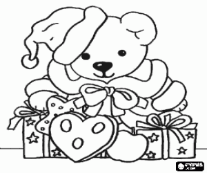 Coloriage Ours en peluche avec v�tement de P�re No�l et avec les cadeaux de No�l