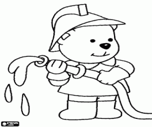 Coloriage Ours pompier avec un tuyau versant de l'eau