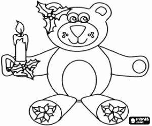 Coloriage Ours Teddy avec des ornementations de houx et une bougie allum�e