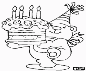 Coloriage Ours Teddy avec un chapeau de f�te et un g�teau d'anniversaire avec bougies