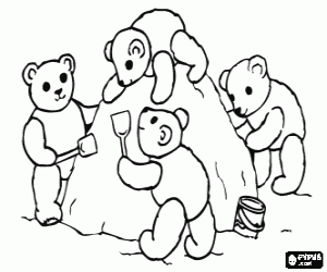 Coloriage Ours Teddy jouant sur la plage faint une grande montagne de sable