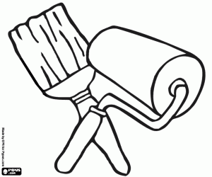 Coloriage Outils du peintre de murs - Brosse et rouleau