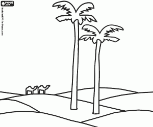 Coloriage Palmiers dans les dunes du d�sert avec des chameaux � la distance