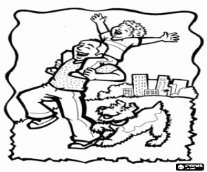 Coloriage Papa avec son fils et le chien qui court heureuse dans le parc