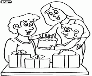Coloriage Papa avec un g�teau et des cadeaux pour c�l�brer avec son fils et sa femme