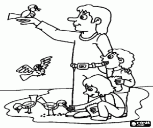 Coloriage Papa jouant dans le parc avec leurs enfants et les oiseaux