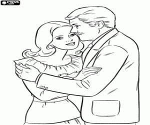 Coloriage Papa lui donne un baiser sur la joue de sa fille apr�s avoir re�u les f�licitations de la F�te des P�res